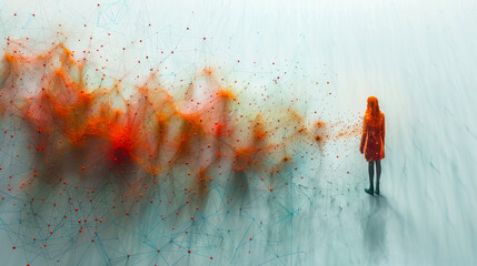 Poster - abstract artistic visualization of network connections around human figure standing in digital space