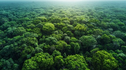 Wall Mural - lush green forest canopy at dawn with sun filtering through trees