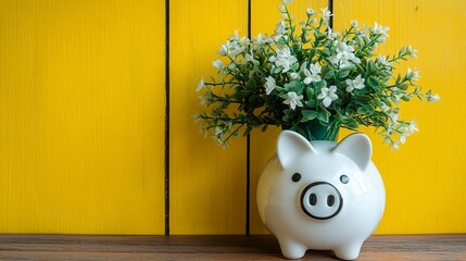 A white piggy bank placed next to a small green plant in a pot, set against a yellow wooden wall background.