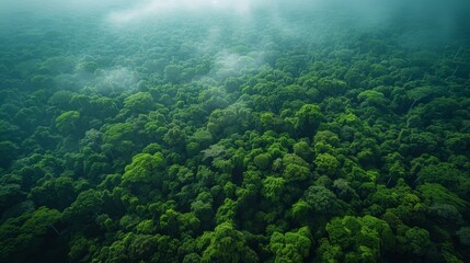 Wall Mural - aerial view of a dense green forest under soft mist in the early morning light