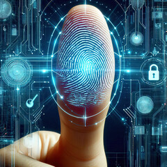 Poster - Man using thumb to scan finger print or for digital processing bio-metric identification to access security system includes internet banking, cloud system and Cyber security concept