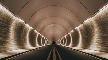 A long tunnel with lights and a yellow line on the ground, AI
