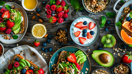 Wall Mural - healthy food table top view featuring avocado toast, fresh fruits like strawberries and blueberries, bowls of yogurt with granola and nuts, directly above view, all arranged on a rustic wooden table.