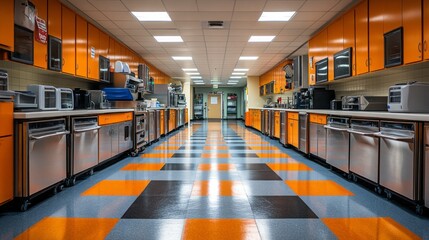 Poster - A large kitchen with many appliances and a checkered floor