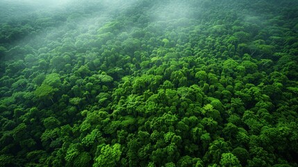 Wall Mural - lush green forest canopy in misty weather at dawn