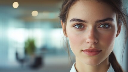 A detailed close-up of a young businesswoman face, showing her determination and professionalism, with a modern office setting subtly blurred in the background.