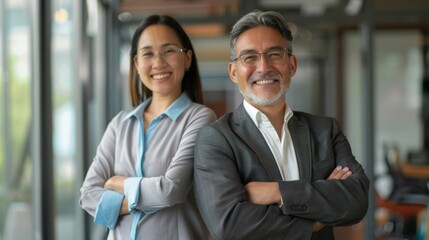 Happy confident professional mature Latin business man and Asian business woman corporate leaders managers standing in office, two diverse colleagues executives team posing arms crossed, portrait. 