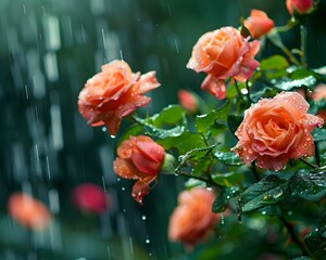 Wall Mural - vibrant rain soaked roses blooming in the garden on a lush fresh spring day
