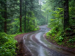 Wall Mural - Scenic Rainy Forest Path Inviting Nature and Tranquil Escape