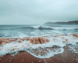 Poster - Dramatic and Serene Rainy Coastal Landscape with Crashing Waves and Misty Atmosphere