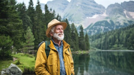 Happy older man standing in nature park enjoying natural park landscape. Smiling mature active traveler exploring camping tourism nature lake and mountains travel journey feeling freedom 