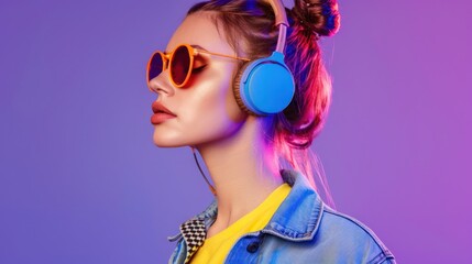 Wall Mural - Hipster igen teen pretty fashion girl model wear stylish glasses headphones enjoy listen new cool music mix stand at purple studio background in trendy 80s 90s club blue party light, profile view 