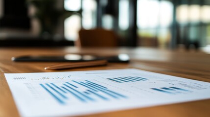 Poster - A detailed shot of a financial report with charts and graphs, showing key banking data and financial trends, placed on a wooden office desk.