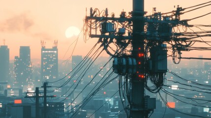 A detailed shot of a high-voltage electricity pole and its complex network of wires and transformers, against a backdrop of a city skyline.