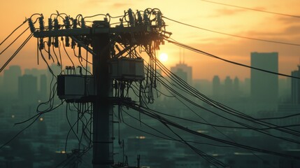 Poster - A detailed shot of a high-voltage electricity pole and its complex network of wires and transformers, against a backdrop of a city skyline.