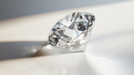 Poster - A detailed shot of a large solitaire diamond, with its facets catching the light, placed on a plain white background to emphasize its purity