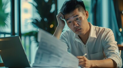 Serious busy young Asian professional business man executive ceo manager sitting at desk in office working checking corporate financial accounting documents feeling worried about taxes or bills. 