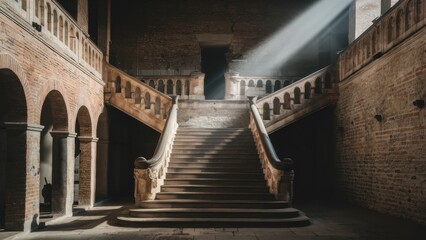 Poster - A stairway leading up to a building with sunlight coming through the window, AI