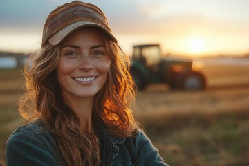 middleaged female farmer smiling in sunlit field vintage tractor in background authentic rural scene golden hour warmth