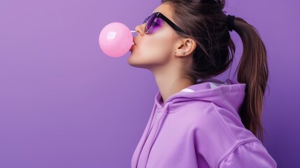 Teen igen girl wear stylish trendy sunglasses and hoodie blowing bubble gum profile side view, pretty young woman fashion cool model with bubblegum 80s at party purple studio background, copy space