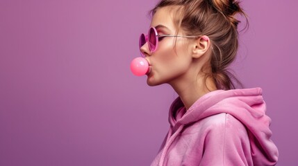 Wall Mural - Teen igen girl wear stylish trendy sunglasses and hoodie blowing bubble gum profile side view, pretty young woman fashion cool model with bubblegum 80s at party purple studio background, copy space 