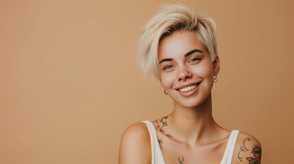 Wall Mural - Young happy blond pretty smiling girl beauty female gen z model with short blonde hair beautiful face healthy skin and tattoo looking at camera wearing white top isolated