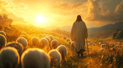 Poster - A man is walking through a field of sheep