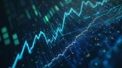 Wall Mural - A digital financial graph showing upward trends in blue and green lines on a dark background, with data points and grid lines in sharp focus.