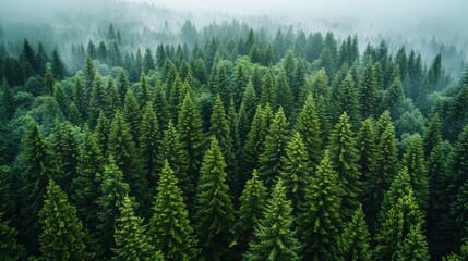 Wall Mural - dense evergreen forest with mist rising in the morning light