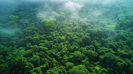 Wall Mural - lush tropical rainforest with mist swirling over dense foliage in the early morning