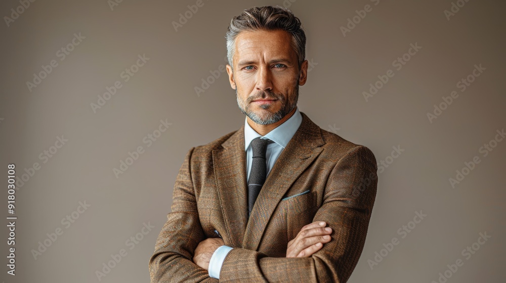 Elegant man in a brown suit poses confidently against a neutral ...