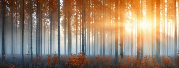 Wall Mural - Sunset Glows Through Tall Trees in Misty Forest During Autumn Evening