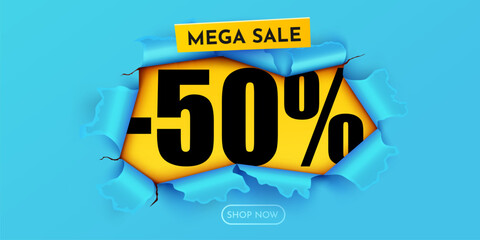 Wall Mural - Yellow ripped paper. 50 Percent Off. Mega Sale Banner.