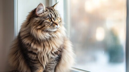 Wall Mural - A fluffy, overweight cat sitting by a window, with sunlight highlighting its fur as it gazes outside.