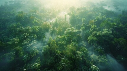Wall Mural - lush green forest landscape at dawn with mist rising above treetops in a tropical setting