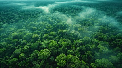 Wall Mural - lush green forest canopy with mist rising at dawn in a tropical region