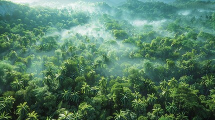 Wall Mural - lush green rainforest with morning mist over treetops in an untouched area during sunrise