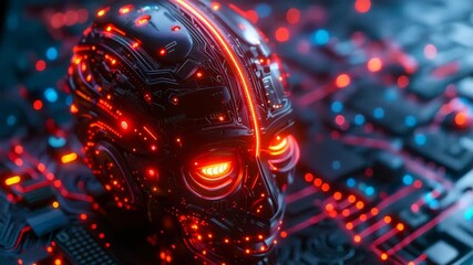 Poster - Futuristic 3D Illustration of AI Robot Brain Integrating with Augmented Reality at Night in Cybernetic Environment