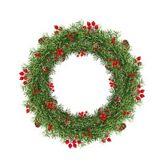 Wall Mural - festive christmas wreath decorated with cones and artificial red berries. wreath isolated on white b