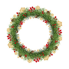 Wall Mural - festive christmas wreath. round frame made of conifer branches decorated with cones, artificial red 