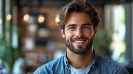 A man with a beard and a blue shirt is smiling