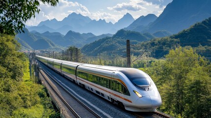 Poster - A high-speed train traveling through a scenic landscape, with mountains or countryside in the background, highlighting its impressive speed and elegant design.