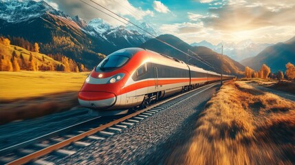 Poster - A high-speed train traveling through a scenic landscape, with mountains or countryside in the background, highlighting its impressive speed and elegant design.