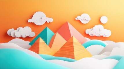 Wall Mural - paper cut style illustration Pyramids of Giza colorful 3d whimsical clouds