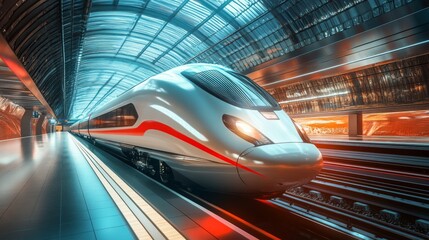 Aufkleber - A panoramic view of a high-speed train arriving at a futuristic station, with a focus on the sleek design of the train and the architectural features of the station.