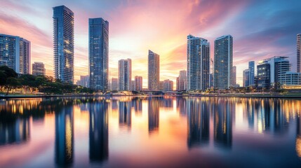 Poster - A panoramic view of tall skyscrapers reflecting in a river at sunset, with the city skyline illuminated and the water creating a stunning mirror effect.