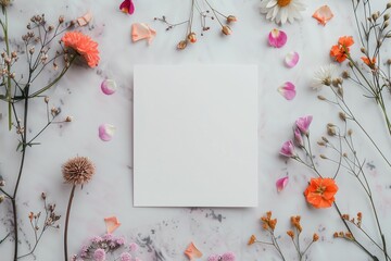 Canvas Print - Floral Arrangement With Blank Paper Surrounded By Colorful Petals