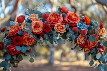 Poster - Floral grid backdrop at a garden wedding, showcasing vibrant flowers arranged in a geometric pattern