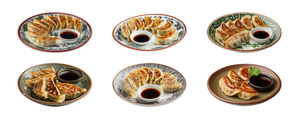 Wall Mural - Collection of fried dumplings gyoza with soy sauce on a traditional plate isolated on a transparent background, cut-out, PNG