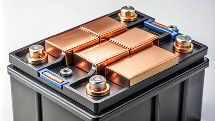 Close-up of a lithium-ion battery cell with copper terminals and protective casing, modern energy storage technology for portable electronics and electric vehicles.